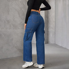 Women Washed High Waist Straight Multi Bag Jeans