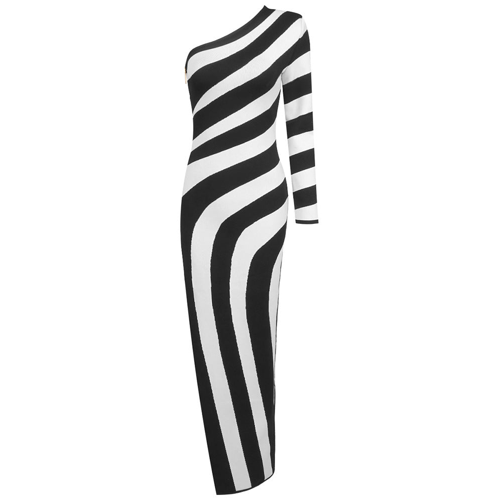 Black White Striped High Slit One Shoulder Day Dress