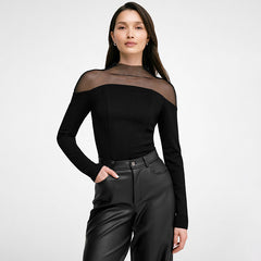 Women Mesh Mock Neck Slim Long Sleeve Top