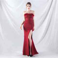 Elegant Feather Boning Corset Satin Evening Dress