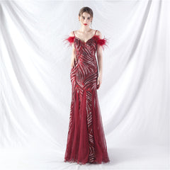 Craft Order Ostrich Hair Sequin Stitching Mesh High End Evening Dress