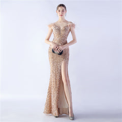 Elegant  Ostrich Feather Sequined Long Evening Dress