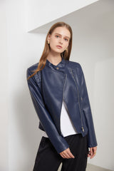 Women Slim-Fit Faux Leather Collared Leather Jacket