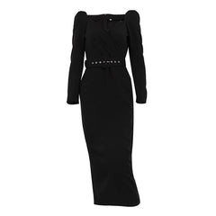 Elegant Low Cut Long Sleeve Cross Design Dress with Belt