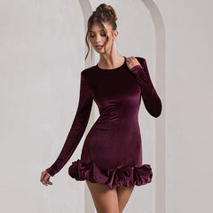 Elegant Velvet Round Neck 3D Pleated Party Dress