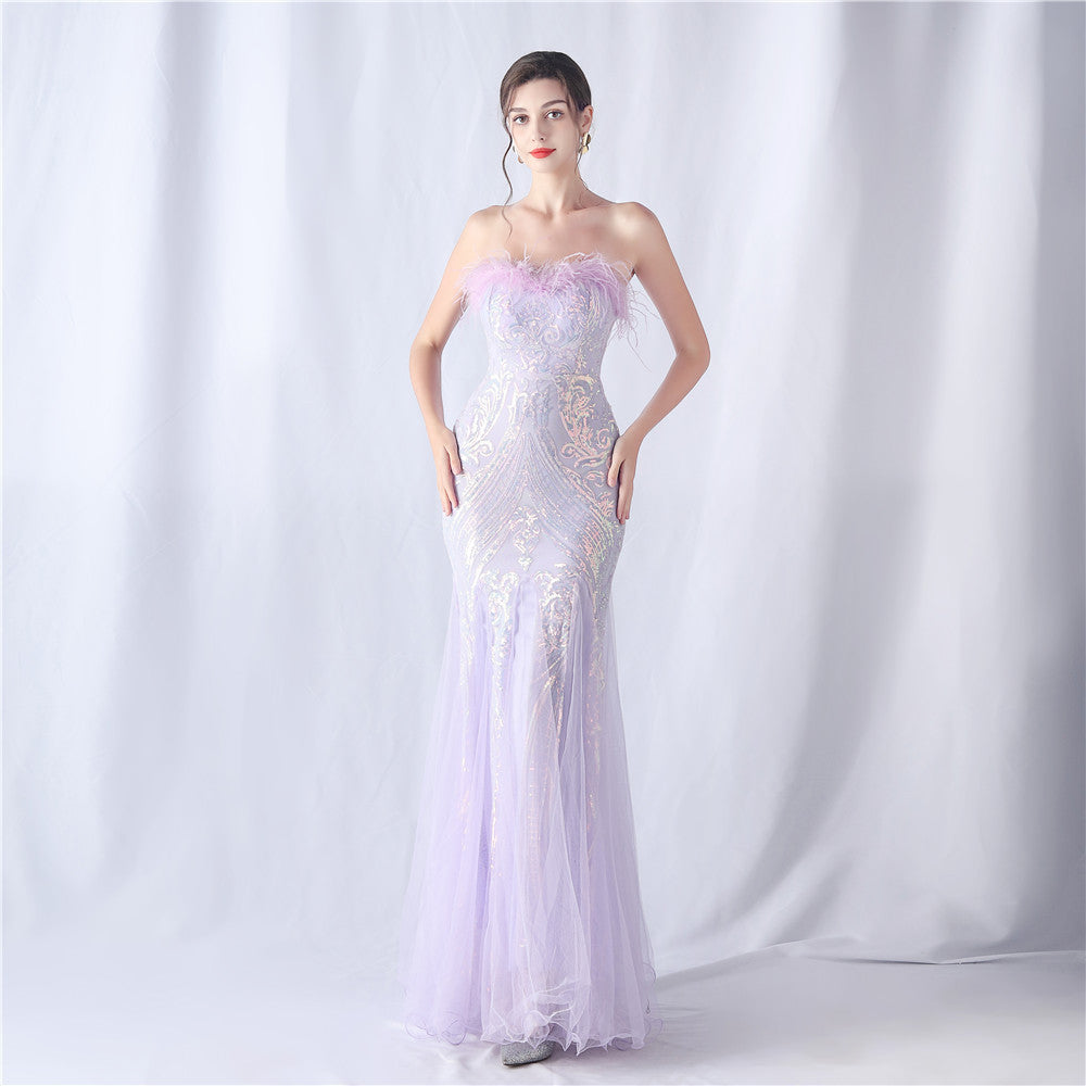 Ostrich Feather Floral Cutting Wedding Tube Top Sequin Gauze Evening Dress