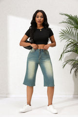 Washed Out Vintage Denim Cropped Straight Loose Shorts