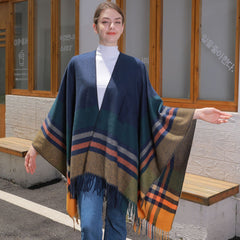 Color Striped Strap Jacquard Warm Tassel Shawl