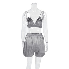 Lace Stitching Cutout Shorts Satin Three Piece Pajamas Set