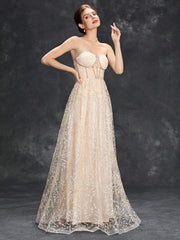 Elegant Backless Champagne Boning Evening Dress