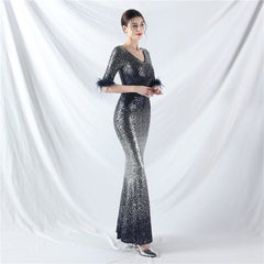 Elegant Feather Gradient Sequin Long Sleeve Evening Dress