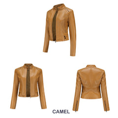 Women Rivets Leather Short Thin Stand Collar Jacket