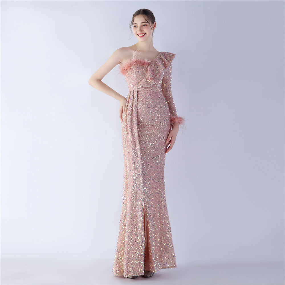 Elegant Feather Ruffled Side Slit Sequined Evening Dress