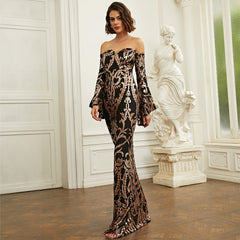 Long Sleeves Graphic Sequined Evening Dress