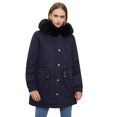 Women Fleece Lined Fur Collar Hooded Warm Jacket