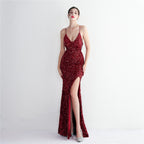REVCHIC LUXE Elegant Velvet Sequin Sleeveless Maxi Gown