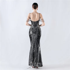 Elegant Boning Corset Floral Sequin Beaded Strap Evening Dress