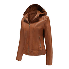 Women's Detachable Hat Hooded Fleece-Lined Leather Jacket