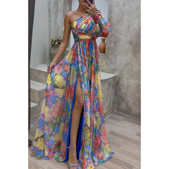 Loose Multi Color One Shoulder Split Formal Dress