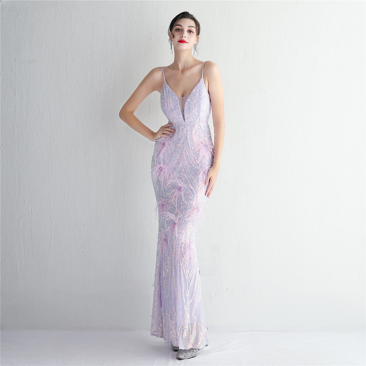 REVCHIC LUXE Elegant V-Neck Feather Sequin Maxi Gown Main image