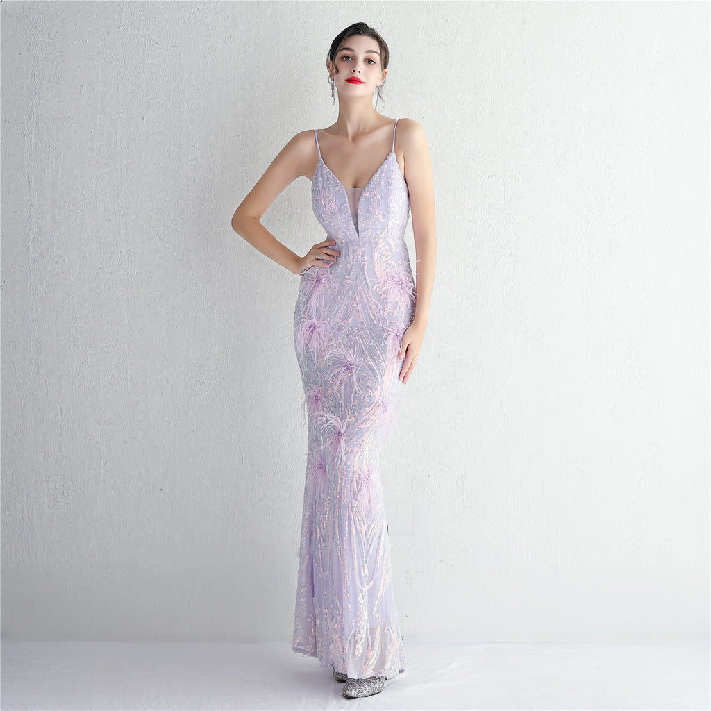 REVCHIC LUXE Elegant V-Neck Feather Sequin Maxi Gown