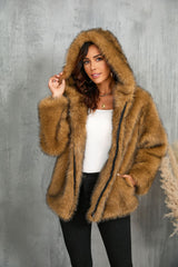 Solid Color Loose Hooded Short Fur Collar Coat