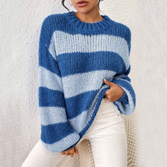 Women Round Neck Long Sleeves Stripes Sweater