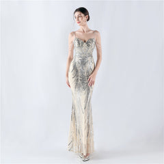 Elegant Boning Corset Floral Sequin Beaded Strap Evening Dress