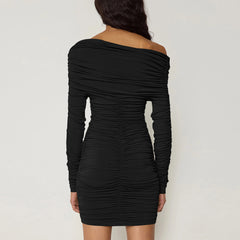 Long Sleeve Sexy One Shoulder Pleated Short Party Dress