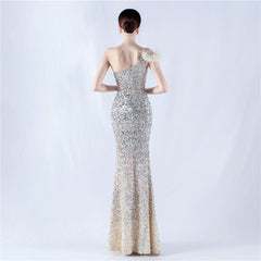 One Shoulder Gradient Velvet Bottom Sequin Feather Evening Dress