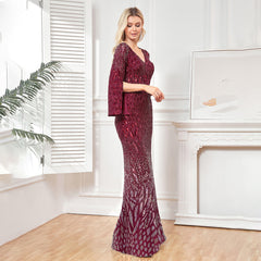 Long Sleeve Deep V Plunge Sequin Fishtail Evening Dress