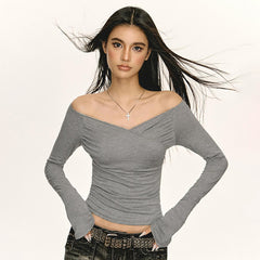 Pleated Solid Color Slim Fit Long Sleeves Top