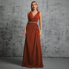 Elegant Brown Slim Fit V Neck Split Formal Dress