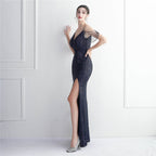 REVCHIC LUXE Elegant V-Neck Sequin Split Maxi Gown