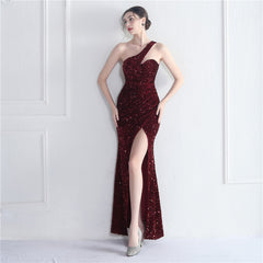 Elegant Velvet Bottom Sequin One Shoulder Evening Dress