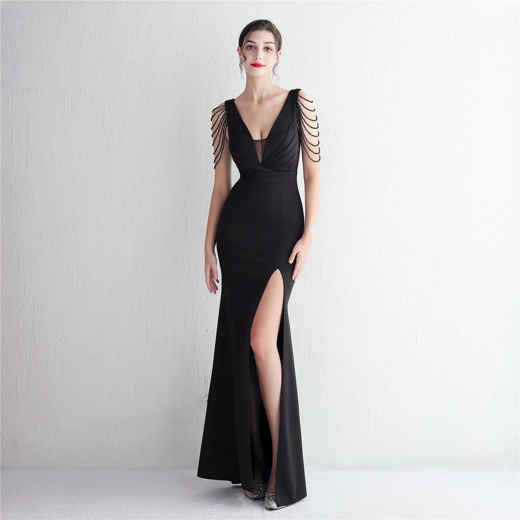 REVCHIC LUXE Elegant V-Neck Beaded Satin Maxi Gown