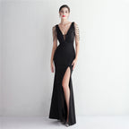 REVCHIC LUXE Elegant V-Neck Beaded Satin Maxi Gown