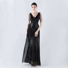 Elegant V-Neck Floral Sequin with Cloak Craft Beading Evening Dress