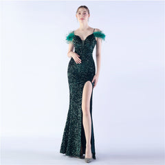 Elegant  Ostrich Feather Sequined Long Evening Dress