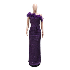 Black Paillette Feather Stitching Sequin Evening Dress