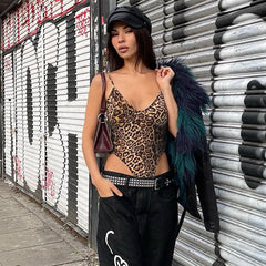 Leopard Print Printed Low Cut V Neck Backless Bodysuit