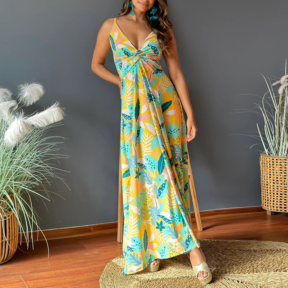 V Neck Brace Printing Elegant Vacation Maxi Dress