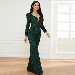 Long Sleeves Elegant Sequined Evening Dress