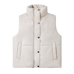 Women Leather Sleeveless Quilted Cotton Padded Jacket