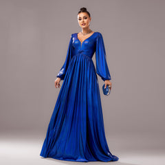 Long Sleeved V Neck Twisted Evening Dress