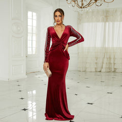 Elegant Fringe Long Sleeve Velvet Evening Dress