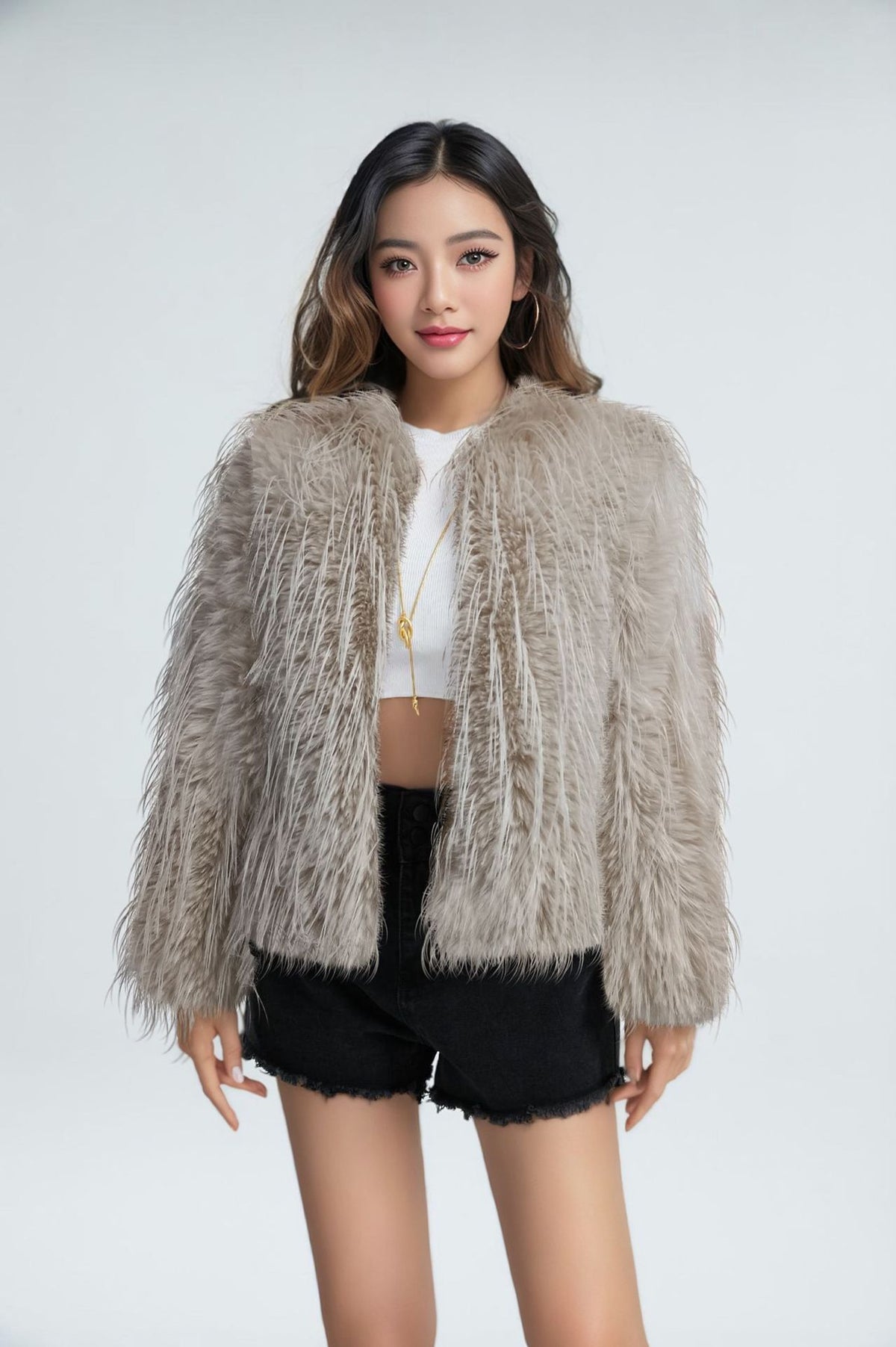 Solid Color Round Neck Tassel Wool Faux Fur Short Coat