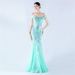 Elegant Off Shoulder Beaded Mesh Sequin Evening Dress