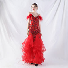 Elegant Ostrich Feather Mesh Floral Sequin Formal Dress