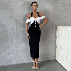 Black White Contrast Color Slits Halter Formal Dress